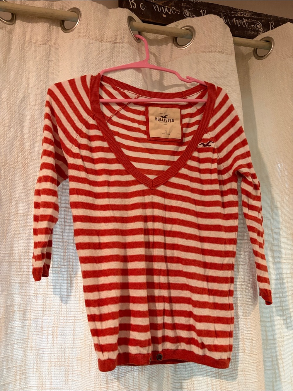 Hollister Red and White Striped V-Neck Sweater Top